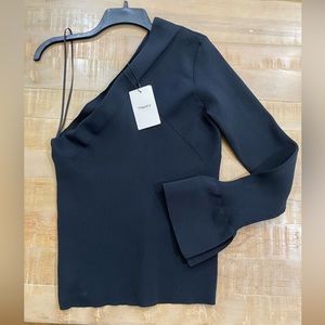 Theory One Sleeve Matte Techno Rib-knit Pullover blouse top NWT
